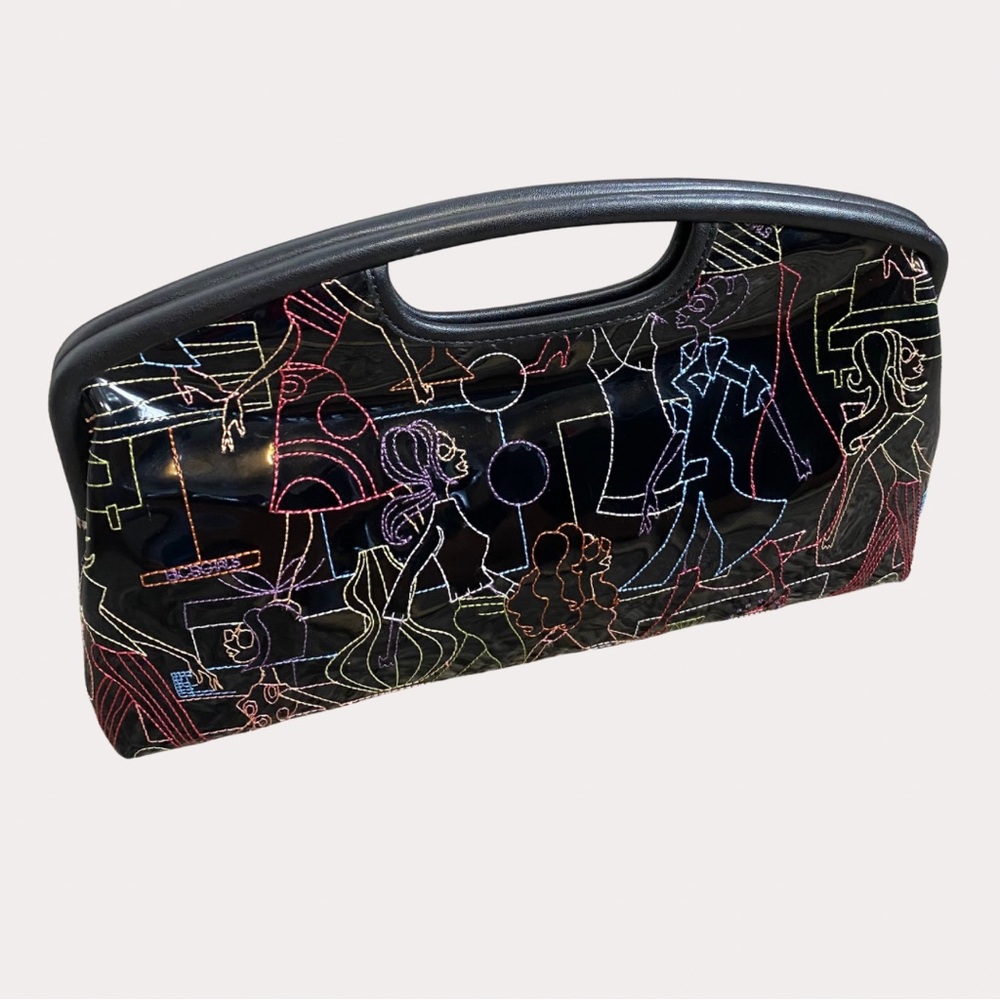 Y2K BCBGirls Black Patent Clutch Colorful Embroidered Graphic Bag